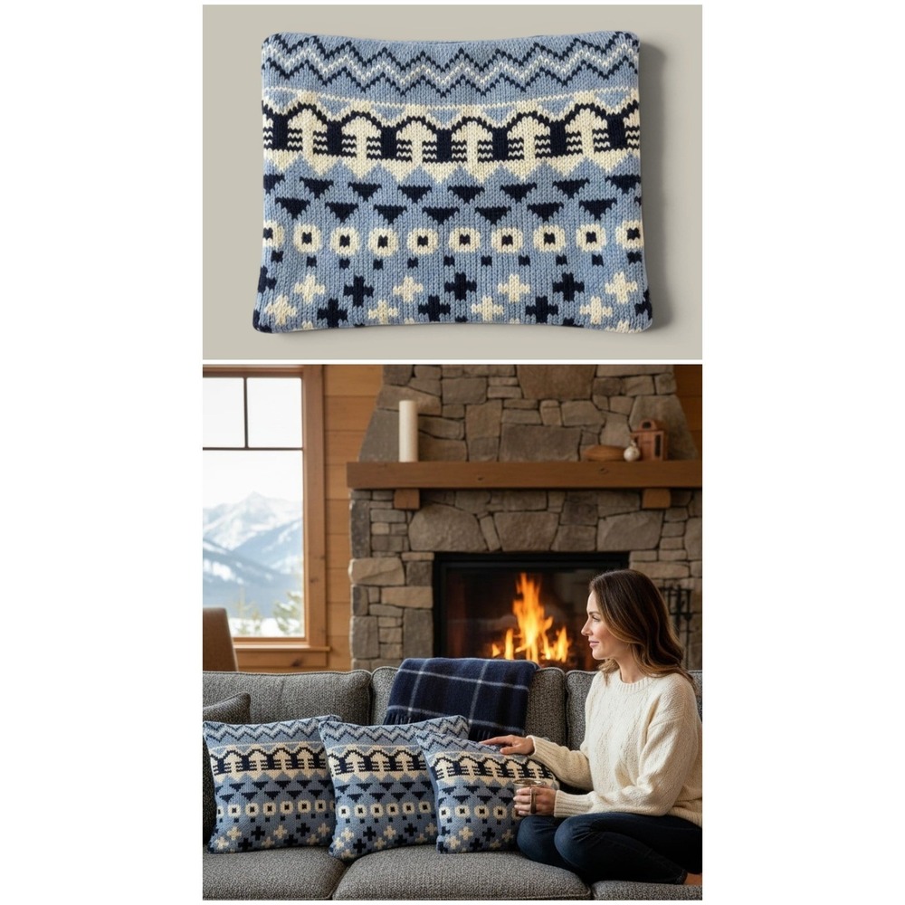 Garnet Hill 3pc Pillow Covers 12x16 Blue Fair Isle Nordic Wool Knit Winter Decor